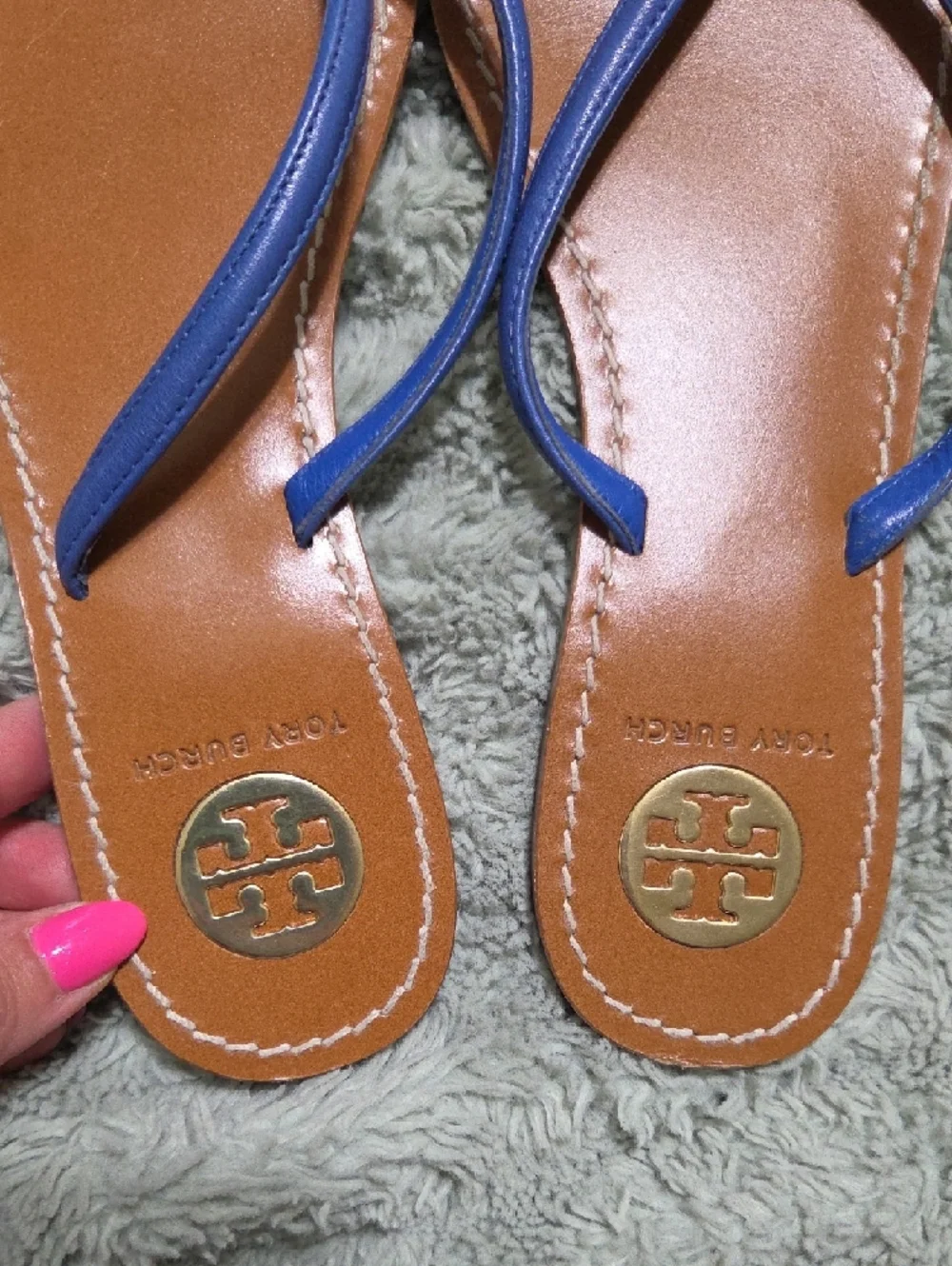 Tory Burch Blue Strap Tan Leather Flip Sandals - Picture 2 of 7